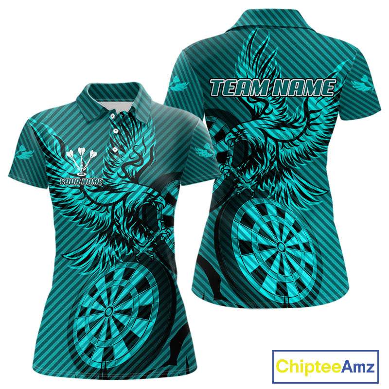Custom Eagle & Dartboard Turquoise Stripes Dart Polo Shirts For Women, Dart Team Jerseys NYN0783