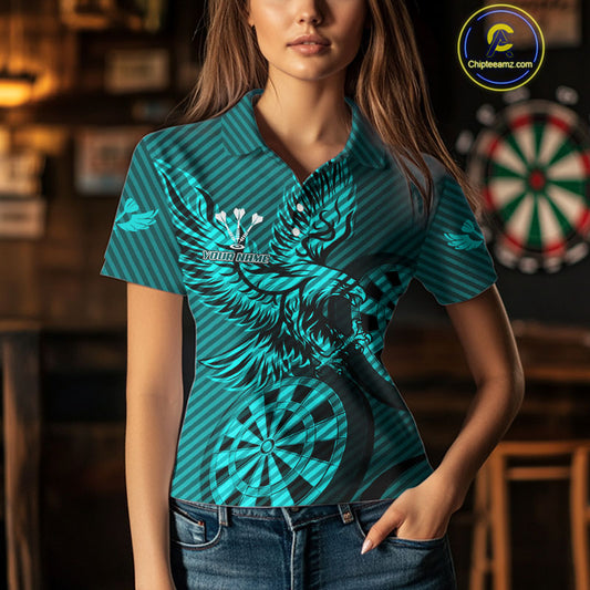 Custom Eagle & Dartboard Turquoise Stripes Dart Polo Shirts For Women, Dart Team Jerseys NYN0783