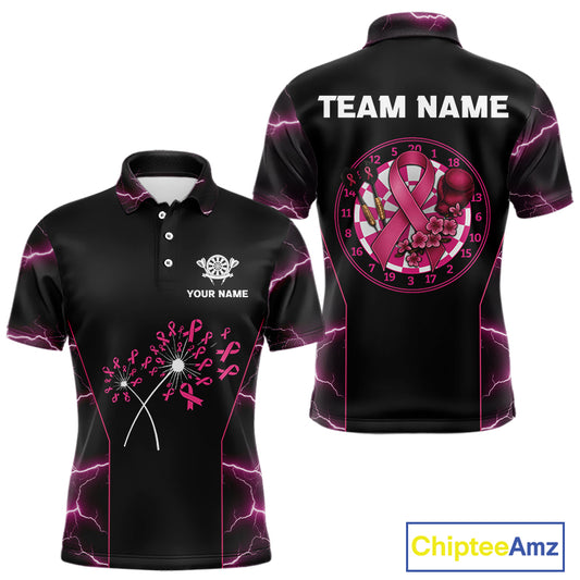 Lightning Pink Ribbons Dartboard Darts Shirt For Men - Custom Name & Team Jersey NYN0601