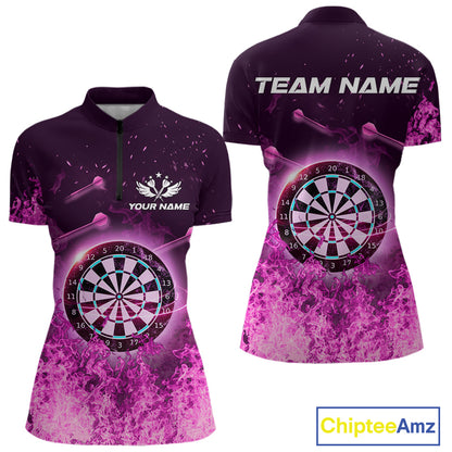 Personalized Pink Flame Dartboard Custom Dart 1/4-Zip Shirts For Women, Dart Team Jerseys NYN0788