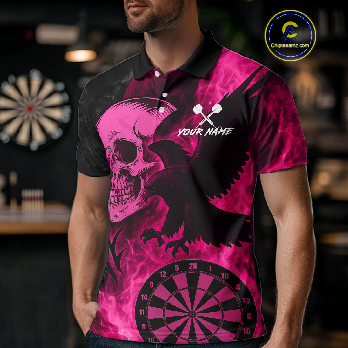 Darts Shirt For Men Personalized Flame Eagle Dartboard Dart Team Jerseys | Pink NYN1158