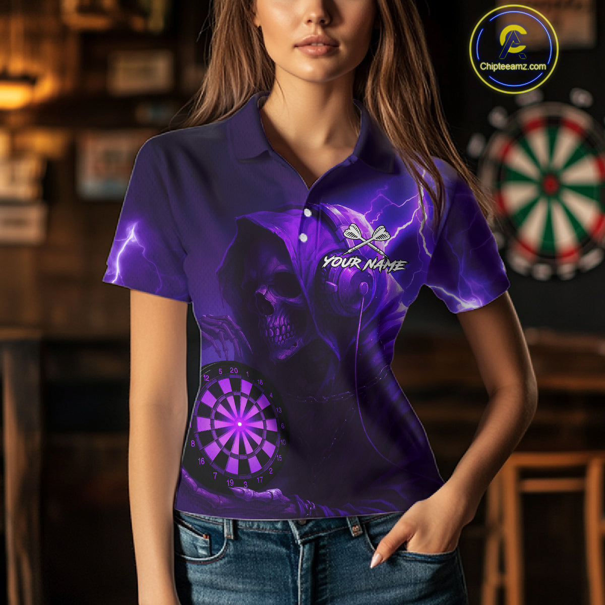 Custom Funny Skull Darts Shirt For Women Personalized Purple Dartboard Dart Team Jerseys NYN1159