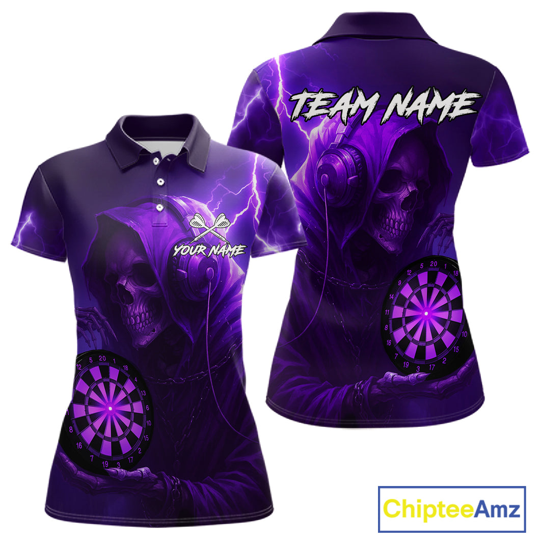 Custom Funny Skull Darts Shirt For Women Personalized Purple Dartboard Dart Team Jerseys NYN1159