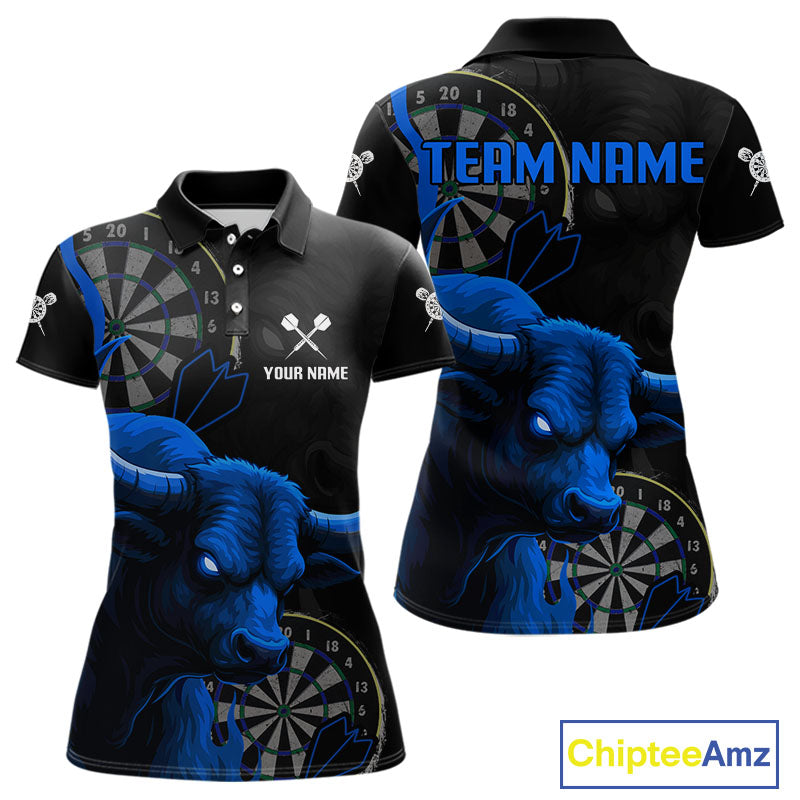 Blue Ferocious Bull Grunge Dartboard Darts Shirt For Women - Custom Name & Team Jersey NYN0610
