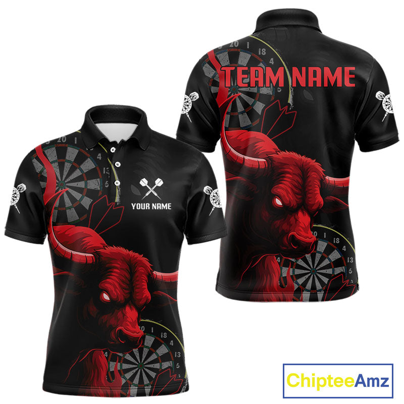 Red Ferocious Bull Grunge Dartboard Darts Shirt For Men - Custom Name & Team Jersey NYN0611