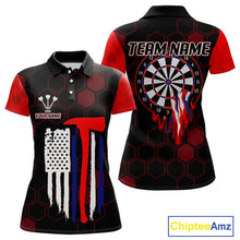 Load image into Gallery viewer, Red Dripping Dartboard &amp; US Flag Women&#39;s Darts Polo Shirt - Custom Name For Dart Players NYN0800