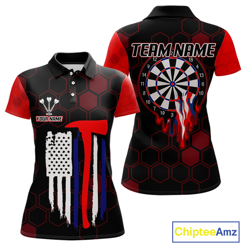 Red Dripping Dartboard & US Flag Women's Darts Polo Shirt - Custom Name For Dart Players NYN0800