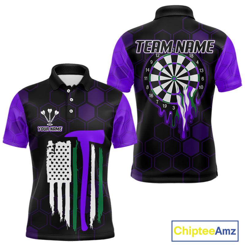 Purple Dripping Dartboard & US Flag Men's Darts Polo Shirt - Custom Name For Dart Players NYN0801