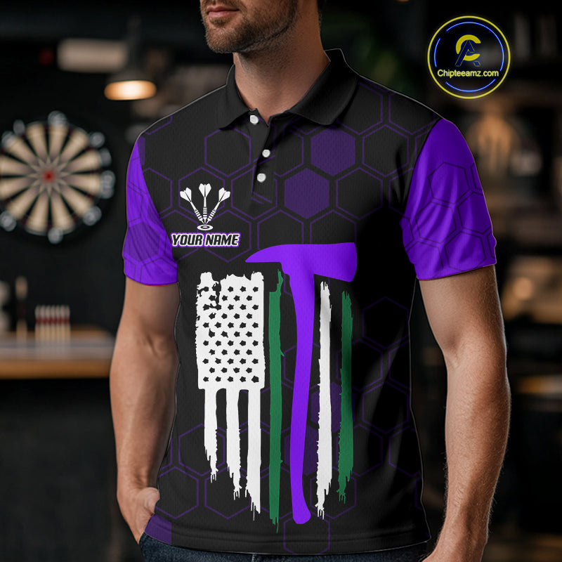Purple Dripping Dartboard & US Flag Men's Darts Polo Shirt - Custom Name For Dart Players NYN0801