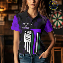 Load image into Gallery viewer, Purple Dripping Dartboard &amp; US Flag Women&#39;s Darts Polo Shirt - Custom Name For Dart Players NYN0801