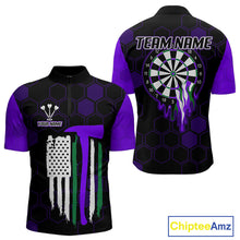 Load image into Gallery viewer, Purple Dripping Dartboard &amp; US Flag Men's Darts 1/4-Zip Shirt - Custom Name For Dart Players NYN0801