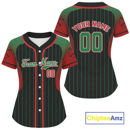 Green-Red Pinstripe Baseball Jersey For Women Personalized Name & Number | Team Fan Shirt NYN0816