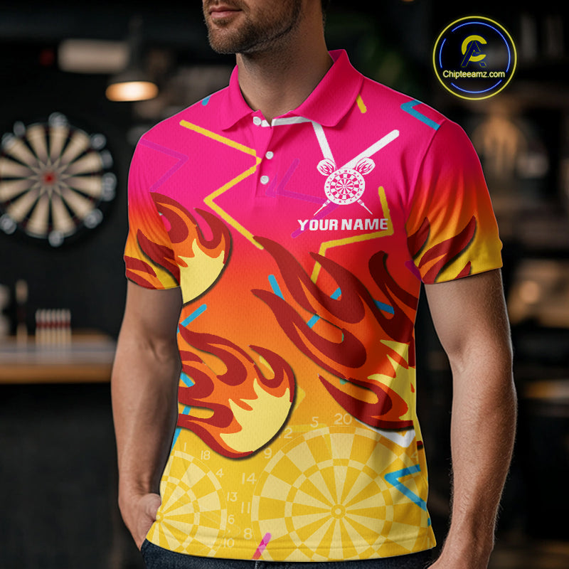 Flames In Vibrant Pink & Yellow Darts Funny Shirt For Men - Custom Team Name NYN0373