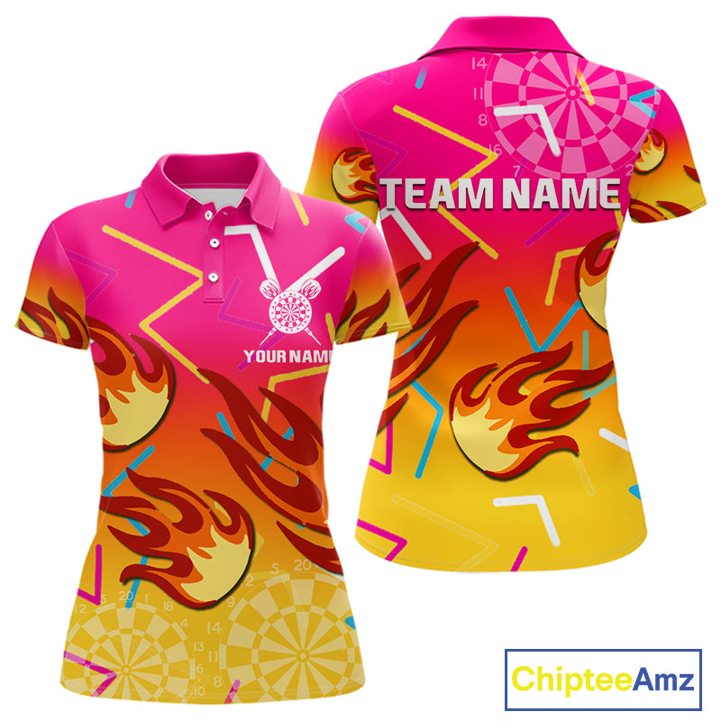 Flames In Vibrant Pink & Yellow Darts Funny Shirt For Women - Custom Team Name NYN0373