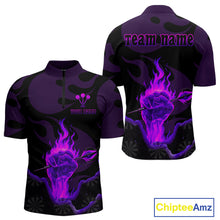 Load image into Gallery viewer, Flaming Hand &amp; Dart Arrow Darts Shirts For Men - Custom Name &amp; Team | Opt2 - Purple NYN0640
