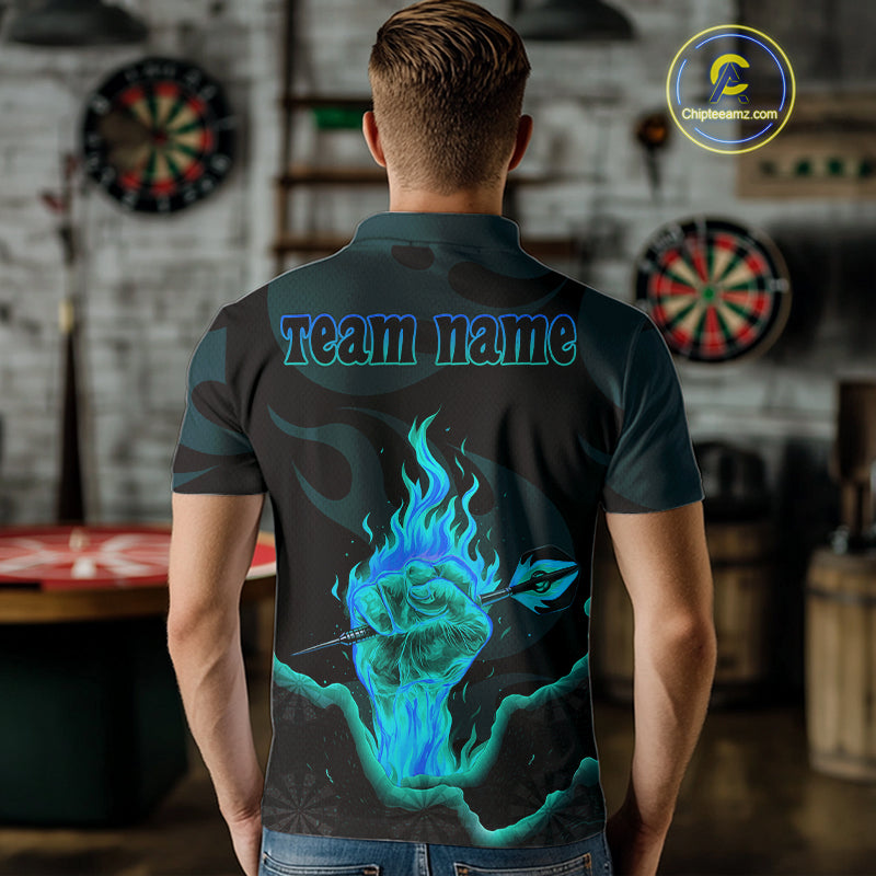 Flaming Hand & Dart Arrow Darts Shirts For Men - Custom Name & Team | Opt3 - Turquoise NYN0641