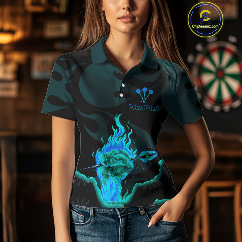 Flaming Hand & Dart Arrow Darts Shirts For Women - Custom Name & Team | Opt3 - Turquoise NYN0641
