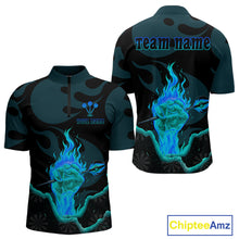 Load image into Gallery viewer, Flaming Hand &amp; Dart Arrow Darts Shirts For Men - Custom Name &amp; Team | Opt3 - Turquoise NYN0641
