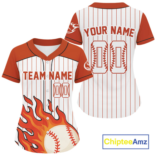 Orange Pinstripe Baseball Jersey Flaming Ball For Women, Custom Stitched Name & Logo NYN0820
