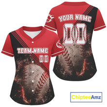 Load image into Gallery viewer, Black And Red Flame Baseball Ball Jersey Personalized Flaming Baseball Shirt For Women NYN0835