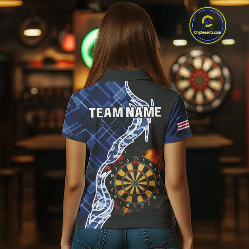Colorful Splash Dartboard & Cobalt Camo Darts Shirt For Women - Custom Team Name NYN0376