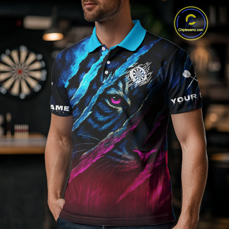 Blue & Pink Claw Scratch Fierce Tiger Darts Shirt For Men - Custom Team Name NYN0377