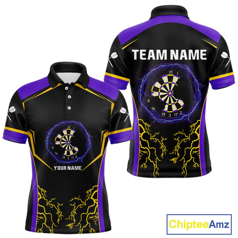 Yellow And Purple Lightning Scratched Dartboard Darts Shirt For Men - Custom Name NYN0383
