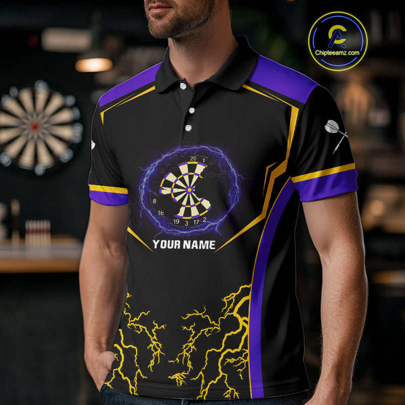 Yellow And Purple Lightning Scratched Dartboard Darts Shirt For Men - Custom Name NYN0383