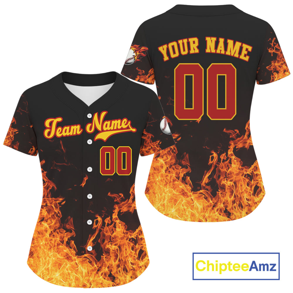 Custom Flaming Baseball Ball Jersey For Women Personalized Youth Baseball Shirt NYN0836