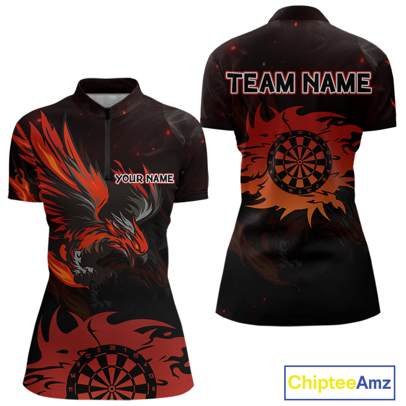 Red Flames Eagle Dartboard Custom 1/4-Zip Darts Jerseys For Women, Darts Team Shirt Uniform NYN0851