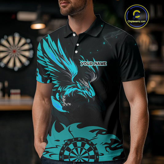 Turquoise Flames Eagle Dartboard Custom Polo Darts Jerseys For Men, Darts Team Shirt Uniform NYN0852