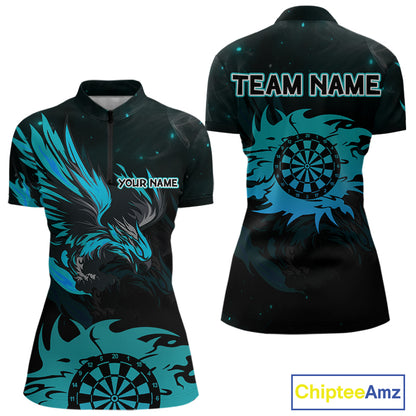 Turquoise Flames Eagle Dartboard Custom 1/4-Zip Darts Jerseys For Women, Darts Team Shirt Uniform NYN0852