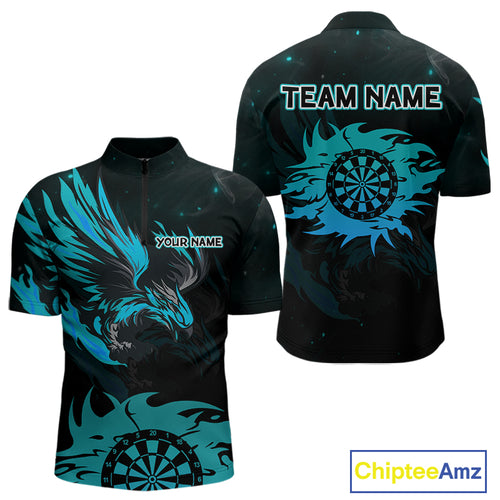 Turquoise Flames Eagle Dartboard Custom 1/4-Zip Darts Jerseys For Men, Darts Team Shirt Uniform NYN0852