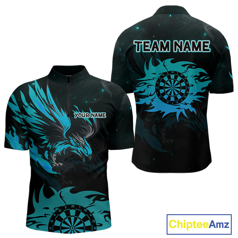 Turquoise Flames Eagle Dartboard Custom 1/4-Zip Darts Jerseys For Men, Darts Team Shirt Uniform NYN0852