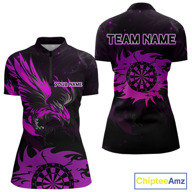 Purple Flames Eagle Dartboard Custom 1/4-Zip Darts Jerseys For Women, Darts Team Shirt Uniform NYN0853