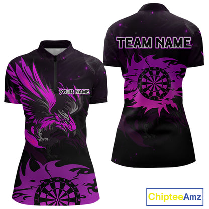 Purple Flames Eagle Dartboard Custom 1/4-Zip Darts Jerseys For Women, Darts Team Shirt Uniform NYN0853