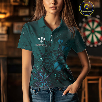 Cracked Dartboard Broken Glass Women's Darts Shirt Custom Name & Team | Opt1 - Dark Teal NYN0653
