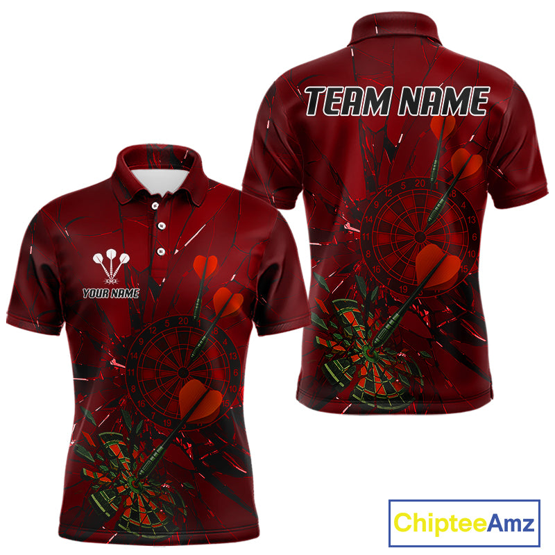 Cracked Dartboard Broken Glass Men's Darts Shirt Custom Name & Team | Opt2 - Red NYN0654