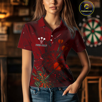 Cracked Dartboard Broken Glass Women's Darts Shirt Custom Name & Team | Opt2 - Red NYN0654