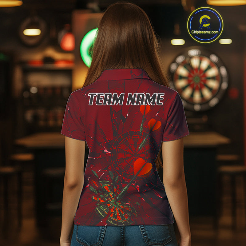 Cracked Dartboard Broken Glass Women's Darts Shirt Custom Name & Team | Opt2 - Red NYN0654