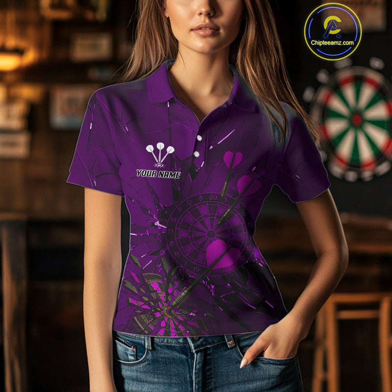 Cracked Dartboard Broken Glass Women's Darts Shirt Custom Name & Team | Opt3 - Purple NYN0655