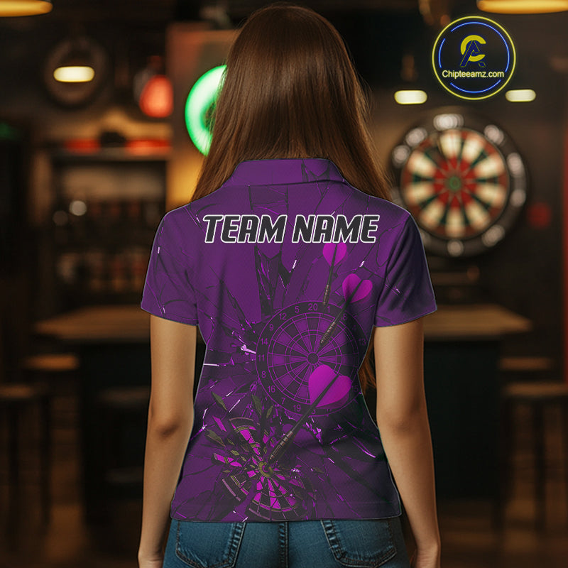 Cracked Dartboard Broken Glass Women's Darts Shirt Custom Name & Team | Opt3 - Purple NYN0655