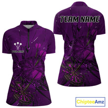 Load image into Gallery viewer, Cracked Dartboard Broken Glass Women's Darts Shirt Custom Name &amp; Team | Opt3 - Purple NYN0655