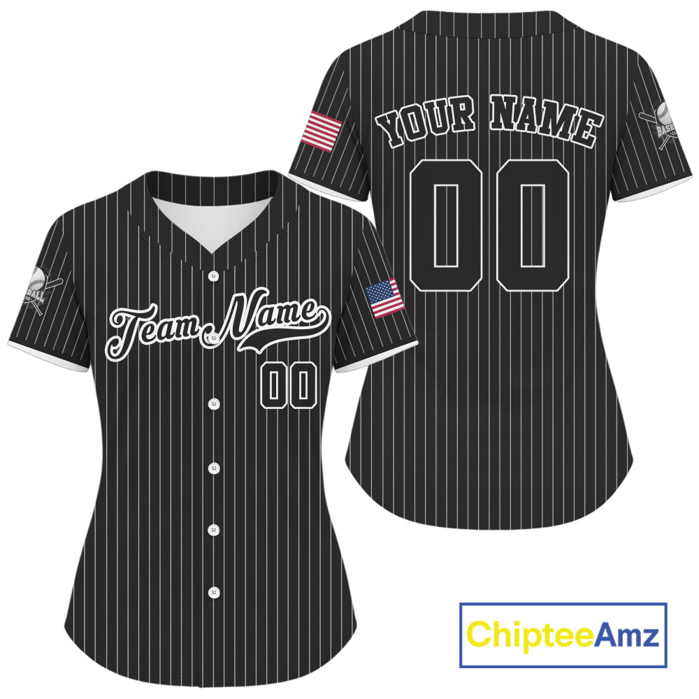 Women's Black Pinstripe Patriotic Baseball Jersey Custom USA Flag Baseball Shirt For Fans NYN0864