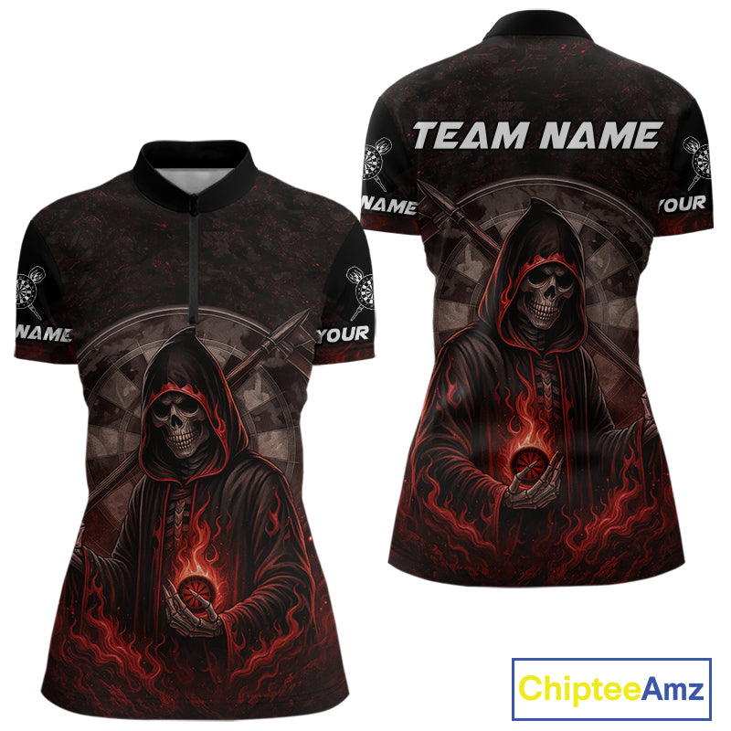 Custom Red Skull Dartboard Grunge 1/4-Zip Darts Jerseys For Women, Darts Team Shirt Uniform NYN0869