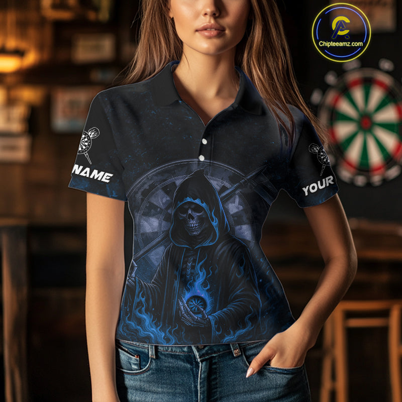 Custom Blue Skull Dartboard Grunge Polo Darts Jerseys For Women, Darts Team Shirt Uniform NYN0870