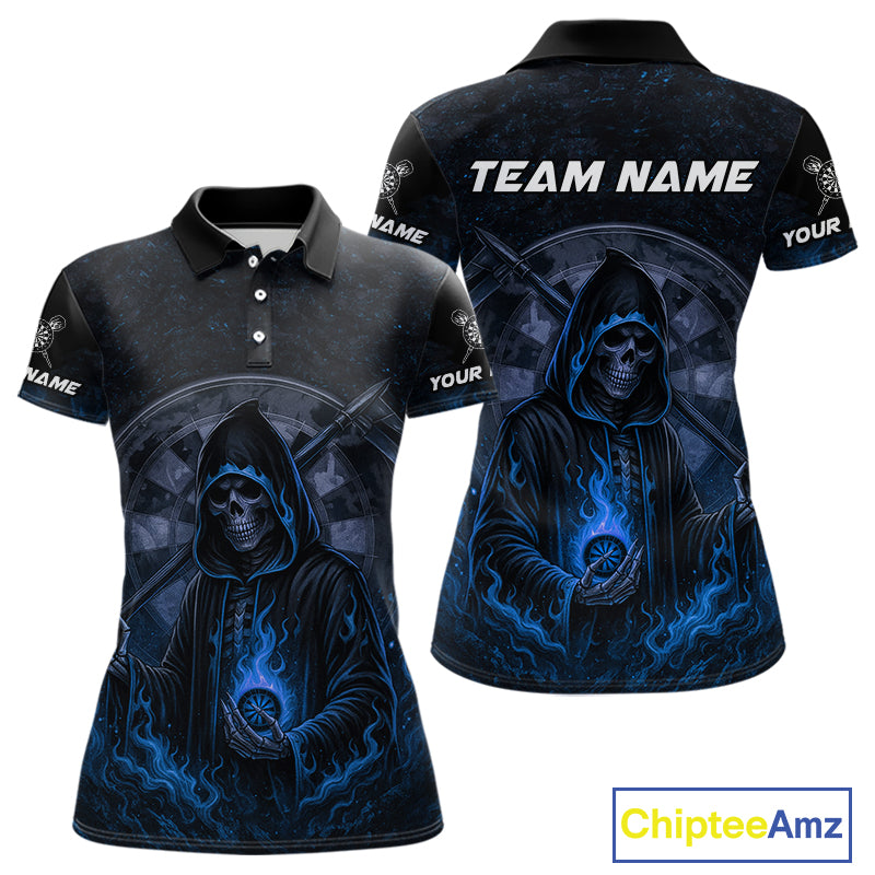 Custom Blue Skull Dartboard Grunge Polo Darts Jerseys For Women, Darts Team Shirt Uniform NYN0870