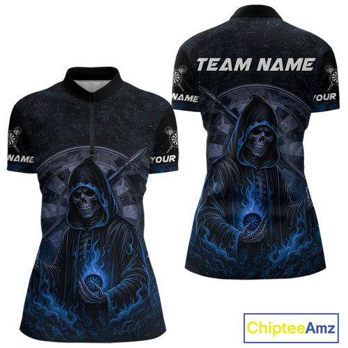 Custom Blue Skull Dartboard Grunge 1/4-Zip Darts Jerseys For Women, Darts Team Shirt Uniform NYN0870