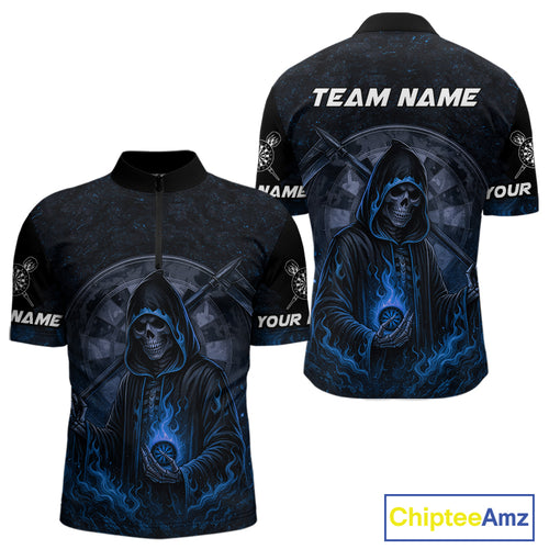 Custom Blue Skull Dartboard Grunge 1/4-Zip Darts Jerseys For Men, Darts Team Shirt Uniform NYN0870