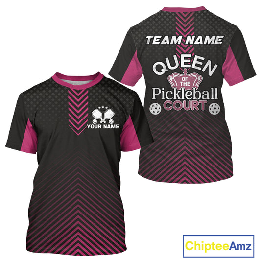 Custom Pink & Black Pickleball T-Shirt For Men Sayings Queens Of The Pickleball Court NYN1265
